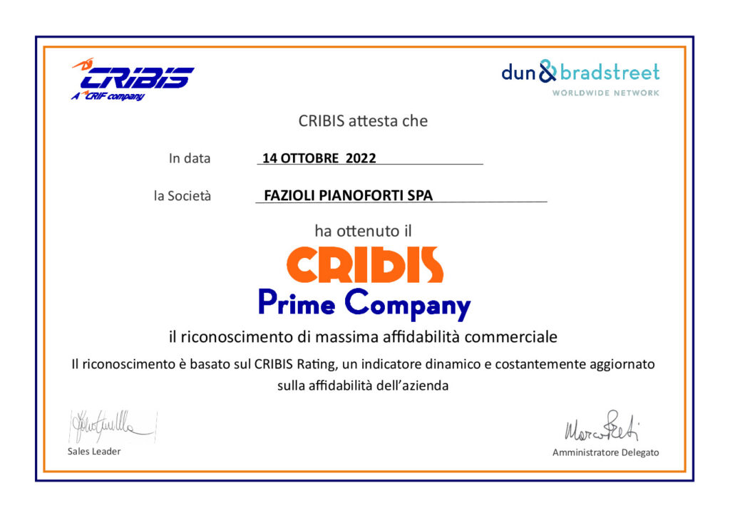 certificato di riconoscimento di affidabilità commerciale rilasciato da CRIBIS Prime Company